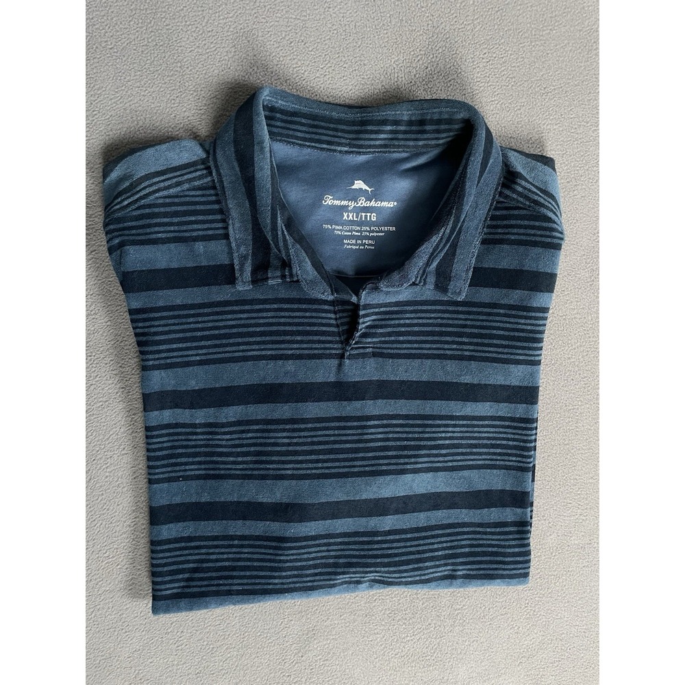 Tommy Bahama Shirt Mens 2XL Blue / Blk Striped Terry Cloth Polo 75 Pima Cotton